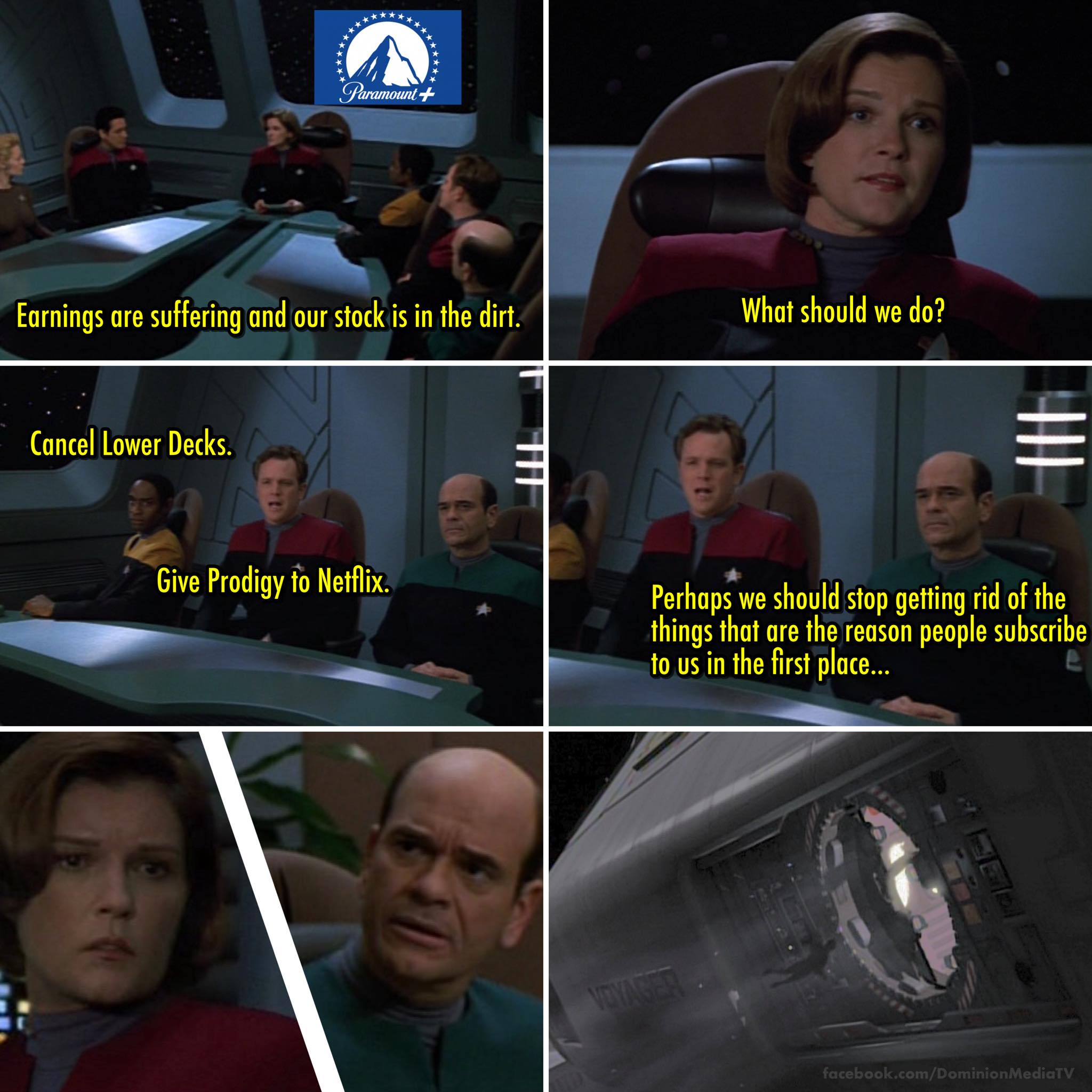 This meme is a screenshot from the TV show Star Trek: The Next Generation, featuring a character's response to a financial crisis. The text "In 2-3 sentences, describe this meme for someone who cannot see it. Include any text that appears in the image." is repeated in a humorous, meta way. The actual meme text reads: "In 2-3 sentences, describe this meme for someone who cannot see it. Include any text that appears in the image."